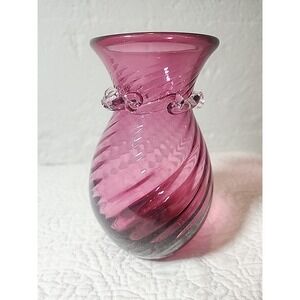 Vtg Pilgrim Glass Cranberry Glass Vase Optic Swirl Vase
